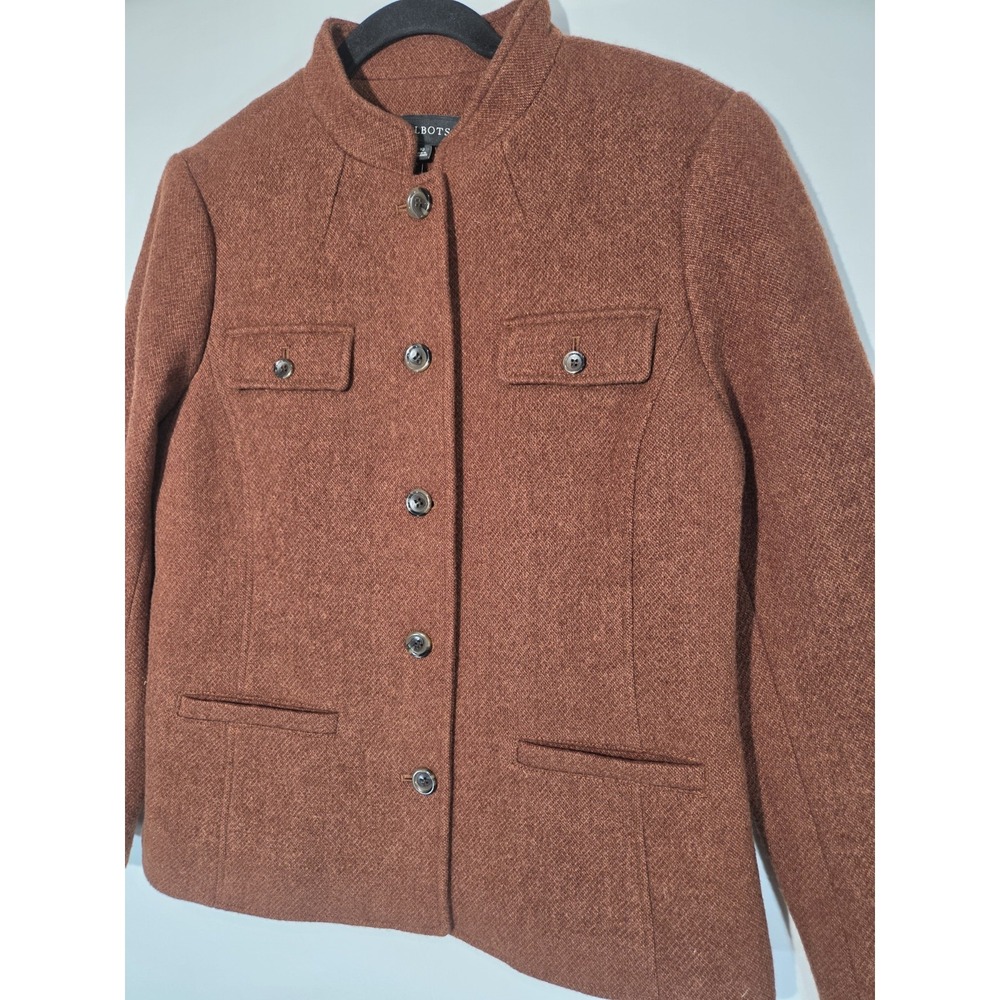 Talbots Band Collar Jacket Women 10 Brown NWT Wool Blend Herringbone Earthy